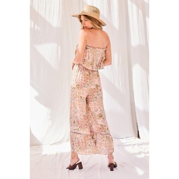 Tube Top With Tier Ruffle Waist Elastic Bottom Lace Trim Jumpsuit - Picture 4 of 7